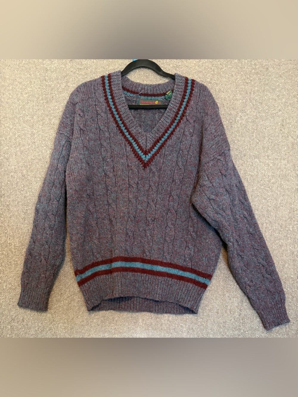Men's V-Neck Cable Sweater in Heathered Purple with Stripe Trim